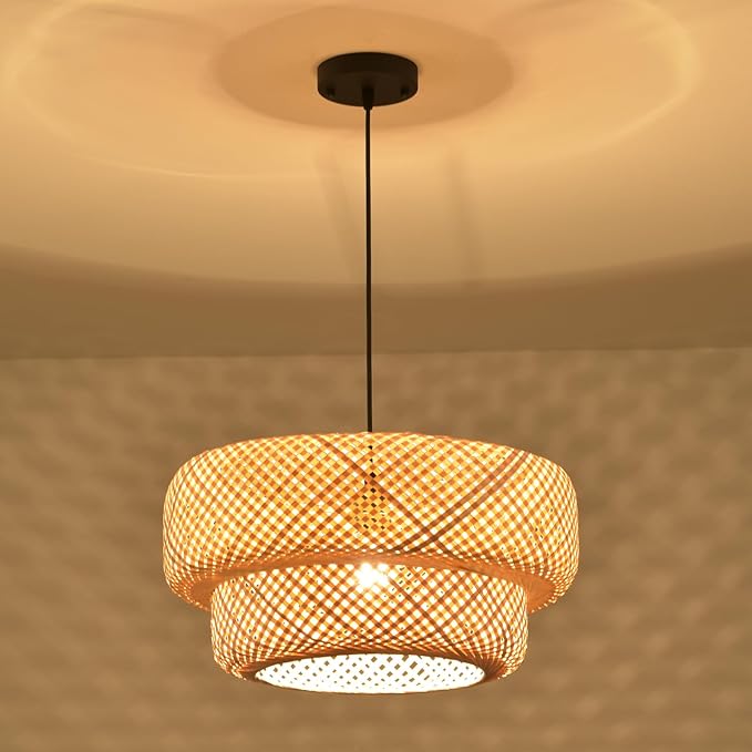 Bamboo Pendant Light Boho Rattan Hanging Light 17.7" Hand Woven Wicker Chandelier for Kitchen Island for Kitchen Island Dining Bedroom Living Room Restaurants