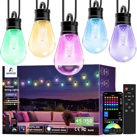 APPECK Outdoor String Lights, 150ft Smart RGBW Patio Lights Outside with 45 LED Bulbs, Extendable, 111 Scene Modes, IP65 Waterproof Lighting for Backyard, Dimmable Warm White, Compatible with Alexa