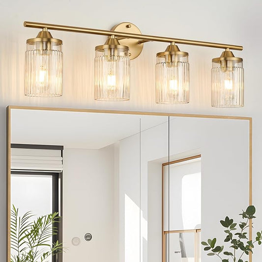 Jonsi Gold Bathroom Light Fixtures 4-Light Vanity Lights Modern Wall Sconce with Clear Glass Shade Brushed Brass Bathroom Light Fixture Over Mirror for Bedroom Hallway Kitchen