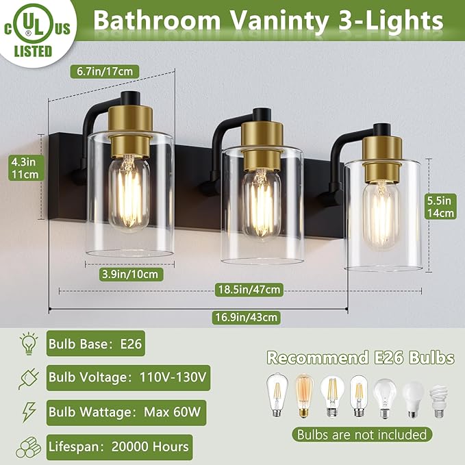 Dpyrrhic Bathroom Light Fixtures,Matte Black and Gold 3-Light Bathroom Lights with Clear Glass Shade,Modern Wall Sconces Over Mirror for Bathroom, Black&Gold, JD-188