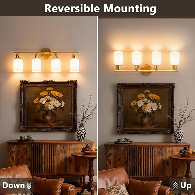 Vintage Gold 4-Light Vanity Light, Light Fixtures with White Glass Shade for Bathroom Mirror Kitchen Living Room Hallway Cabinet Porch