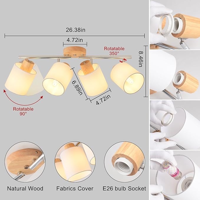 LED 4 Light Track Lighting Kit, Wooden Ceiling Spotlights with Fabric Shades, Modern Track Light Fixture with Flexibly Rotatable Light Heads for Kitchen, Living Room, Bedroom(E26 Socket, NO Bulb)