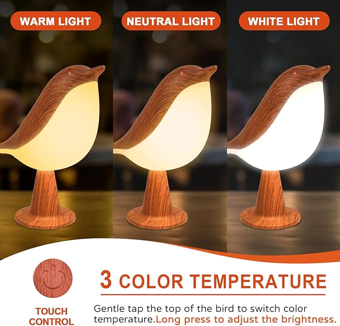 Deogos Small Desk Lamp, Bird Bedside Light with 3 Color Temperature and Touch Sensor, Cordless Kids Night Light, Rechargeable Battery for Bedroom Nightstand Table - Red