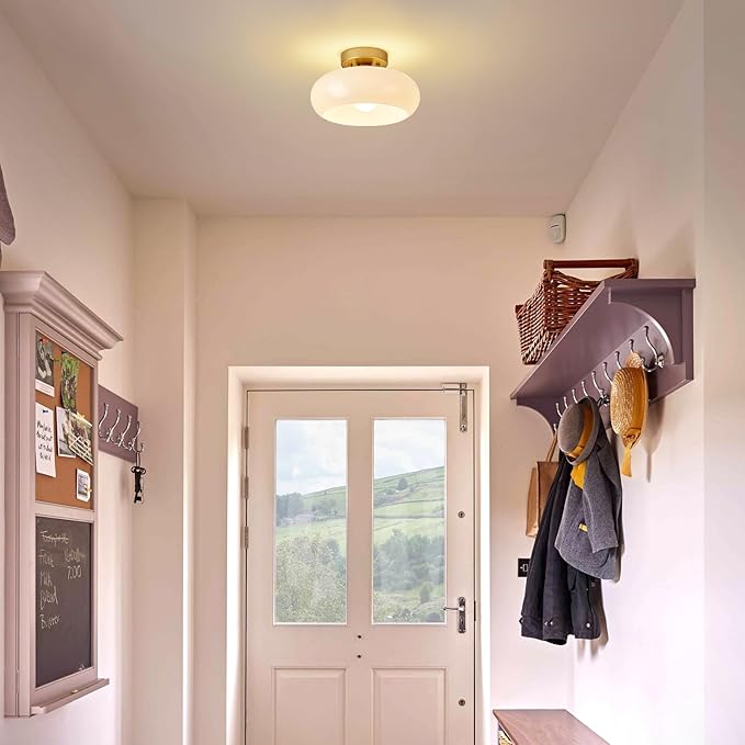 Mid-Century Modern Gold Semi Flush Mount Ceiling Light,White Glass Dome Hallway Lighting Fixtures, Metal Close to Ceiling Lamp for Entryway Bathroom Kitchen Bedroom Porch Foyer Office(11 Inch)
