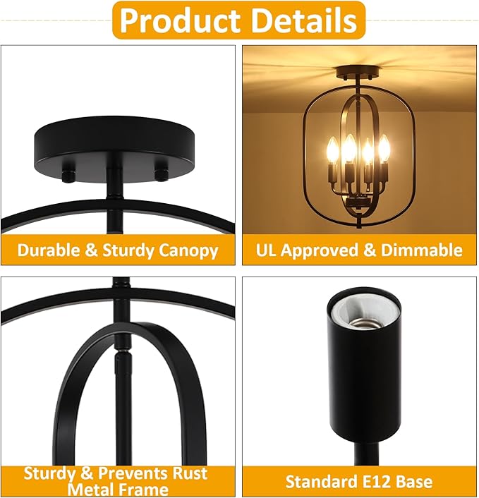 Black Semi Flush Mount Ceiling Light Fixture, Modern Close to Ceiling Light Fixtures Ceiling Mount, Dimmable Foyer Kitchen Lighting Fixtures Ceiling Lights for Bedroom, Hallway, Laundry Room, Entryway