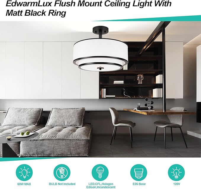 3-Light Semi Flush Mount Ceiling Light, 16" Drum Light with White Fabric Shade, Modern Close to Ceiling Lamp for Living Room Bedroom Dining Kitchen Hallway Entry (Matte Black)