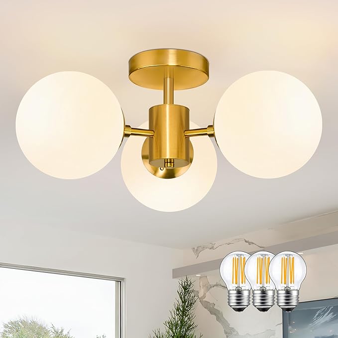Mid Century Modern 19 Inch Brass Semi Flush Mount Ceiling Lights 3-Light Frosted Globe Glass Gold Chandelier Modern Light Fixtures Ceiling Lights Fixture for Bedroom Hallway Entryway