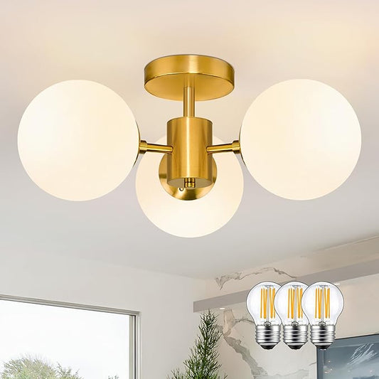Mid Century Modern 19 Inch Brass Semi Flush Mount Ceiling Lights 3-Light Frosted Globe Glass Gold Chandelier Modern Light Fixtures Ceiling Lights Fixture for Bedroom Hallway Entryway