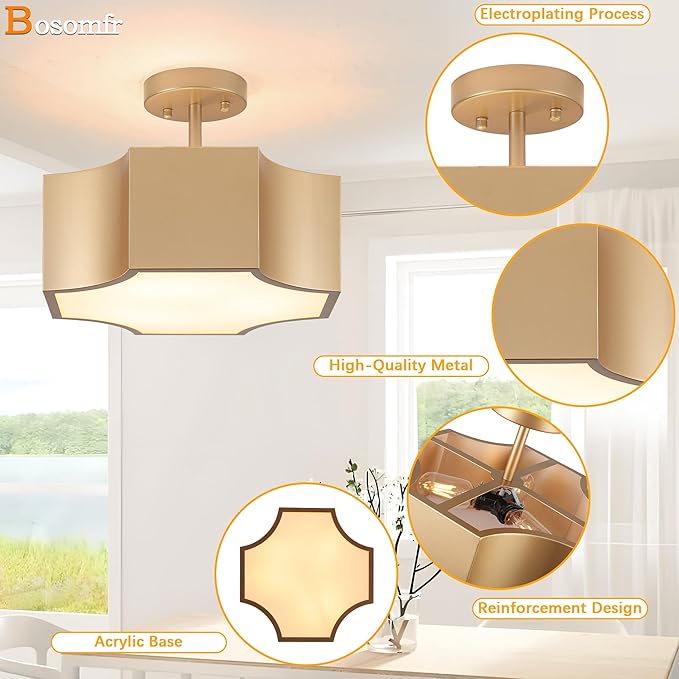 Modern Gold 3-Light Ceiling Light Fixture, Metal Industrial Semi Flush Mount Close to Ceiling Light, Farmhouse Light Fixtures Ceiling Mount, Geometry Chandelier for Kitchen, Dining Room, Hallway