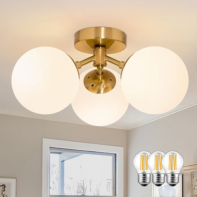 3 Light Mid Century Modern Gold Globe semi Flush Mount Ceiling Brass Chandelier 3-Light Milk Glass Globe Lights Sputnik Ceiling Light Fixture for Bedroom Living Room Hallway