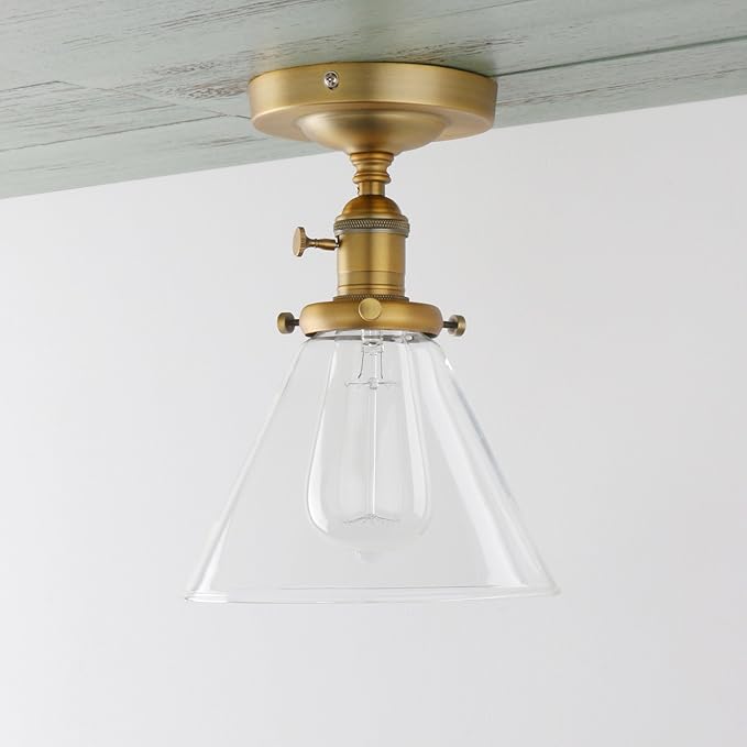 PERMO Modern Small Semi Flush Mount Ceiling Pendant Light Glass Ceiling Lights Hallway Fixtures with Funnel Glass Lampshade, 1-Light (Antique)