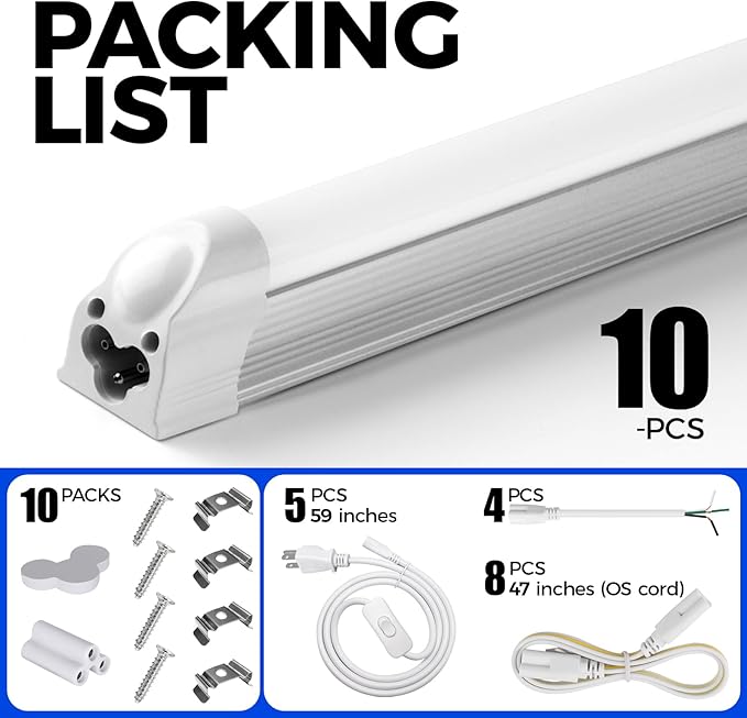 Barrina T5 LED Shop Light, 8FT, 5000LM, 6500K Super Bright White, 45W Linkable Shop Lights, Led Garage Light, Corded Electric with ON/Off Switch, ETL Listed (10 Pack)