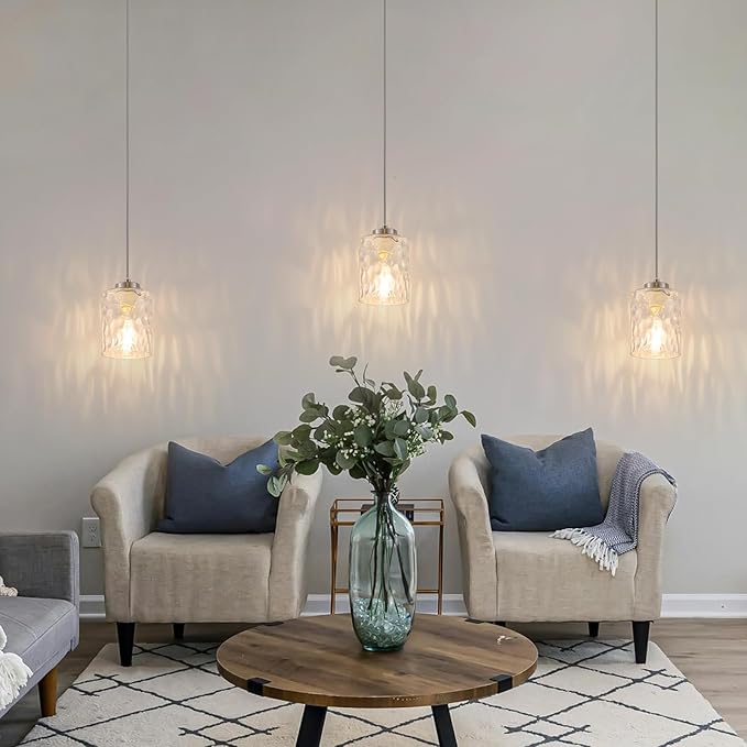 MWZ Brushed Nickel Pendant Lights Kitchen Island 3 Pack, Modern Hanging Kitchen Pendant Lighting Over Sink with Hammered Glass Shade,Small Chandeliers Fixtures Adjustable Cord Hanging Lighting