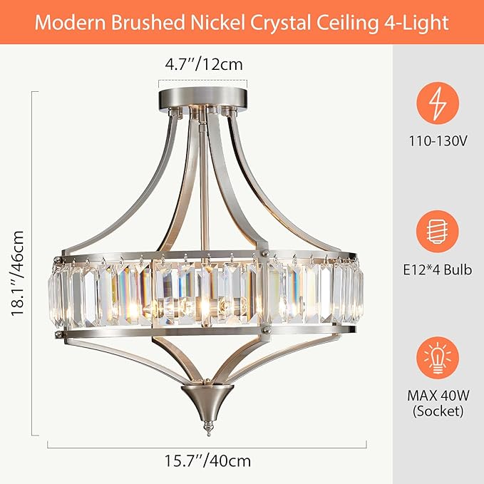 Brushed Nickel 4-Light Crystal Semi Flush Mount Ceiling Light Fixture Rustic Farmhouse Ceiling Lighting with Round Metal Shade Chandelier for Dining Room, Hallway, Bedroom, Foyer