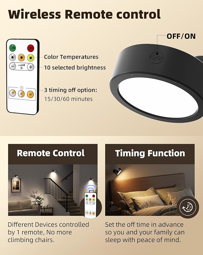 EZVALO LED Wall Mounted Lights, 5500mAh Rechargeable Wall Sconces Lamp, 3 Color Temps & Remote and Touch Control, 360°Rotation Dimmable Cordless Wall Light for Bedroom Reading Study Bedside (2 Pack)