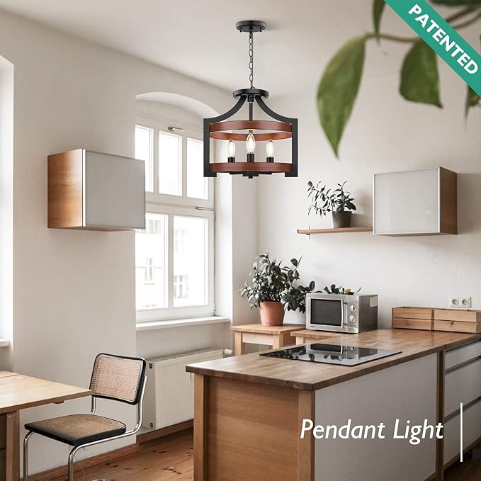 3-Light Farmhouse Chandelier, 14.5” Pendant Hanging Lighting Adjustable Height, Convertible Vintage Semi Flush Mount Ceiling Light Fixture, Rustic Chandeliers for Dining Room Foyer Entryway Kitchen