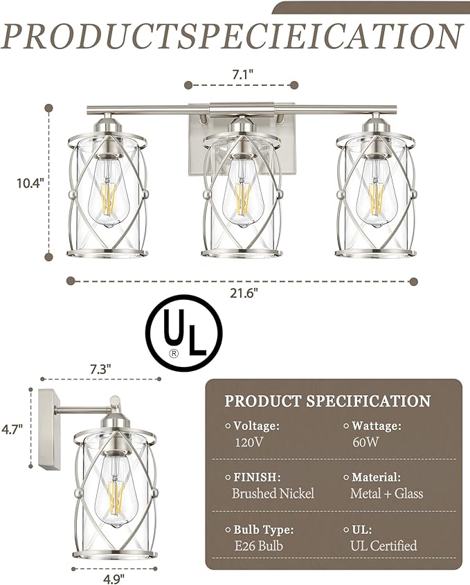 3-Light Brushed Nickel Bathroom Light Fixtures, 21 Inch Modern Bathroom Vanity Lighting Fixtures Over Mirror with Clear Glass and Metal Cage Wall Sconce Lights for Bath, E26, CH9176BN-3W