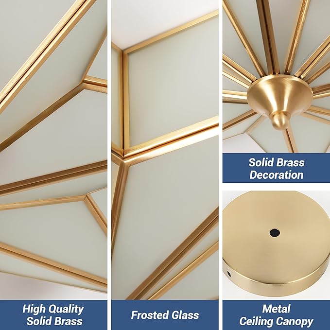 Star Glass Ceiling Light with Ceramic Light Socket Brass Flush Mount Ceiling Light Fixture with Frosted Glass Shade Mid Century Moravian Star Light for Bedroom Foyer Living Room (19.7")