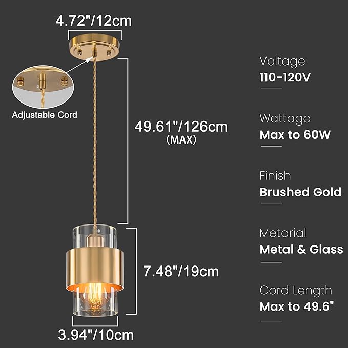 Modern Pendant Lighting, Gold Pendant Light Fixtures Ceiling Light for Kitchen Island Hallway Porch Corridor Bedroom with Clear Glass Shade, 1 Light