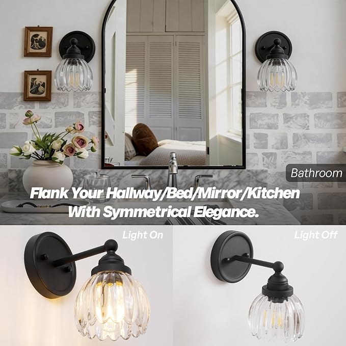 Vintage Hardwired Tulip Glass Wall Sconce Lighting, 1-Light Bathroom Vanity Light Fixture for Hallway Bedroom Living Room Bedside Nightstands Lights