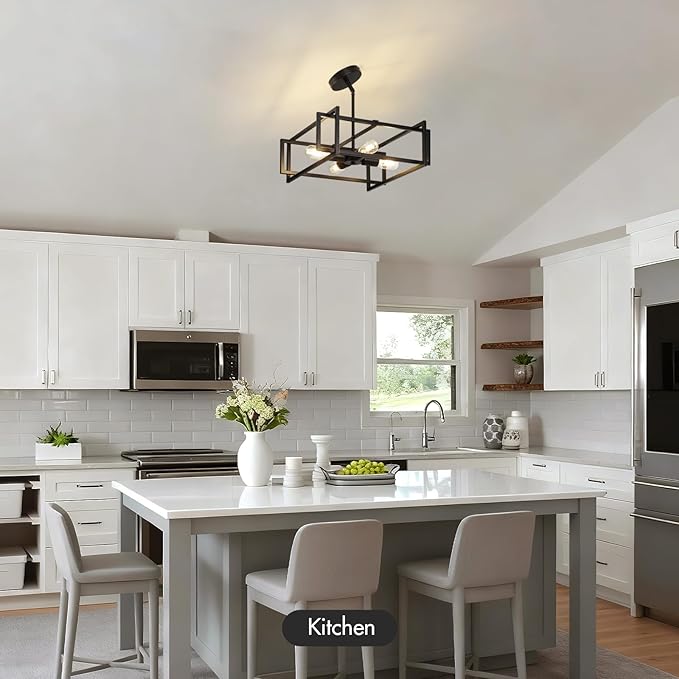 Modern Black Semi Flush Mount Ceiling Light Fixture 16.5", 4-Light Industrial Farmhouse Lighting for Kitchen Dining Room Living Room Entryway Bedroom Hallway, Sloped Ceiling Compatible, E26 Base