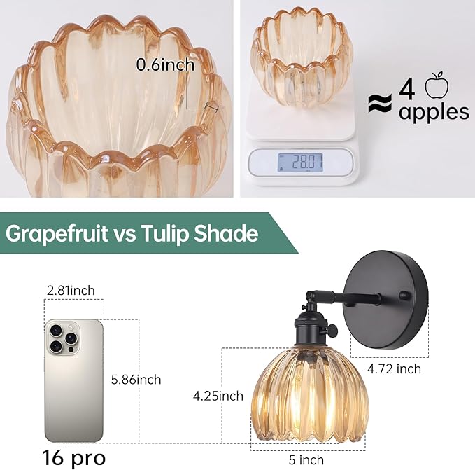 Shenmoyl Vintage Wall Sconce with Amber Tulip Glass Lampshade 180 Degree Adjustable Black Sconce Hradwired Modern Wall Lighting Fixture with Switch for Bedside Bedroom Doorway