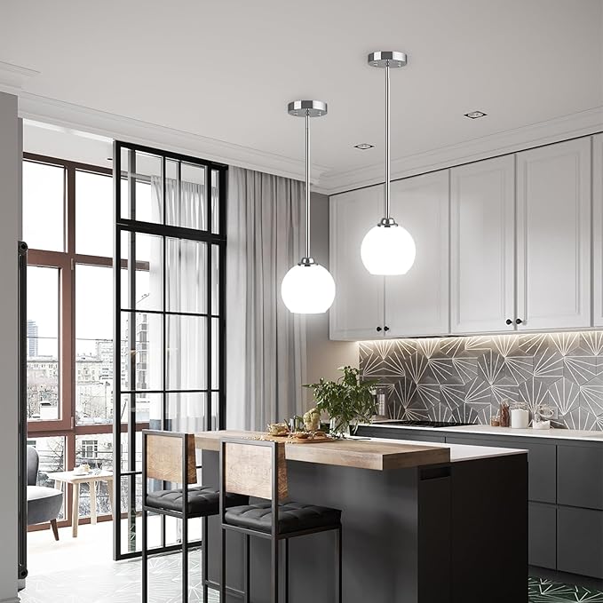 Modern Pendant Light Fixtures 2 Pack, Chrome Pendant Lights with Frosted Glass Shade,Pendant Lights Kitchen Island, Kitchen Pendant Lighting Over Island, Hanging Lights for Kitchen