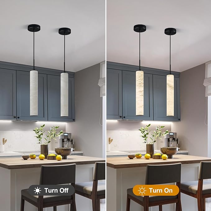 LMQNINE Natural Alabaster Pendant Lights for Kitchen Island White Marble Long Tube Chandelier 4000K Modern Black Ceiling Light Fixtures for Bedroom Dining Room Table Living Room Hallway(M-1Pack)
