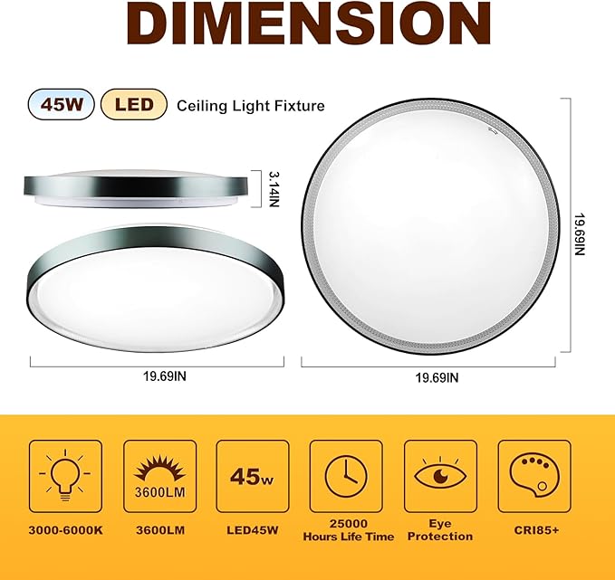 DLLT Flush Mount Ceiling Light: Close to Ceiling Light Fixtures 20 Inch 45W - Dimmable Ceiling Lamp 3000-6000K 5 Color Selectable Ceiling Mount Light for Bedroom Kitchen (Blue)