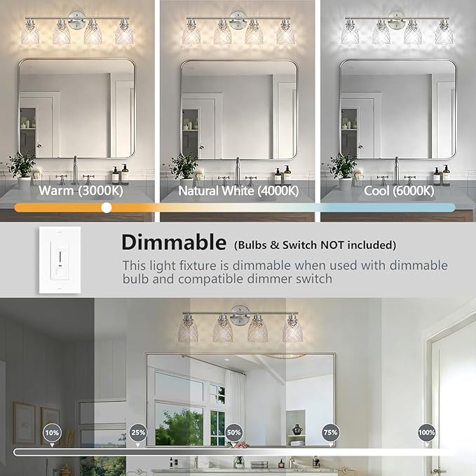 4-Light Bathroom Light Fixtures, Modern Brushed Nickel Vanity Light Over Mirror, Wall Sconce with Clear Hammered Glass Shades, E26 Base (Bulbs Not Included)