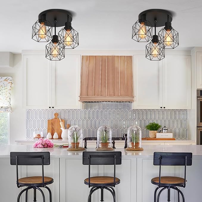 3 Lights Industrial Ceiling Light Fixtures,Iron Cage Ceiling Lamp Pendant Lighting,3-Light Close to Ceiling Light Fixtures, Modern Chandelier for Bedroom Entryway Kitchen Hallway