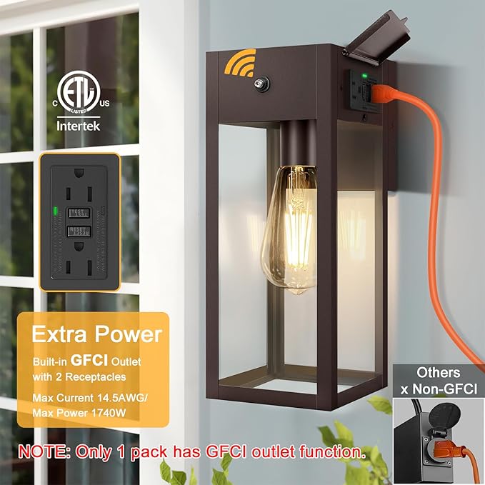 Dusk to Dawn Outdoor Light Fixtures Wall Mount, Outdoor Porch Lights with Outlet, Dusk to Dawn Outdoor Lighting for Doorway, Garage- Bronze