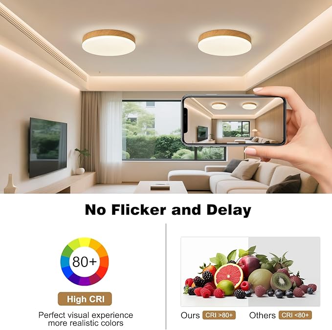 Modern Wood Grain Flush Mount Ceiling Light, 4000K 11.8 Inch Ceiling Light Fixtures, 24W 2200LM Round Ceiling Lamp for Bedroom Kitchen Hallway Laundry Room, Not Dimmable