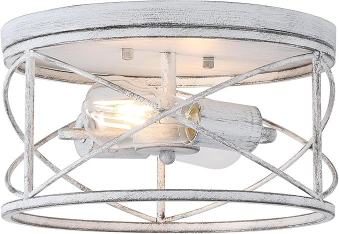 2-Light Flush Mount Ceiling Light Fixture, Industrial Modern White Ceiling Lamp, Vintage Farmhouse Light Fixture for Hallway, Bedroom, Dining Room, Living Room, Kitchen, Entryway