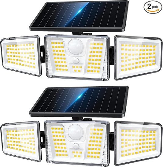 KOOPER Solar Flood Lights, 210 LED Motion Sensor Outdoor Lights, Solar Motion Lights Outdoor Waterproof, 3 Heads 300° Wide Angle Outdoor Security Lights for Yard Patio Garage Entryways, 2 Pack, Black