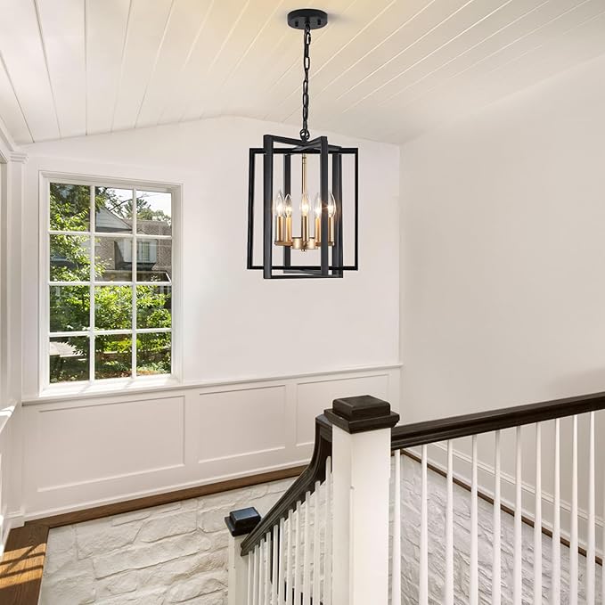 Black and Gold Modern Farmhouse Chandeliers for Dining Room, 5-Light Pendant Light Fixture Adjustable Industrical Entryway Light Fixture Hanging Chandelier for Kitchen Island Entryway Hallway Foyer