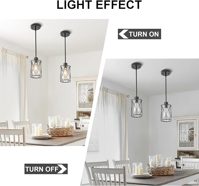 Refice Glass Pendant Lights Kitchen Island, Black Kitchen Hanging Light with Clear Glass, Farmhouse Cage Mini Pendant Lighting for Sink Dining Room Bedroom Bar, 1 Pack