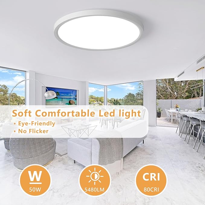 24 Inch Led Ceiling Light Flush Mount, 50W, 5480LM, 3000K/4000K/6000K CCT Selectable Super Slim White LED Ceiling Light, Close to Ceiling Round Flat Panel Light for Hallway, Bedroom, Kitchen, ect