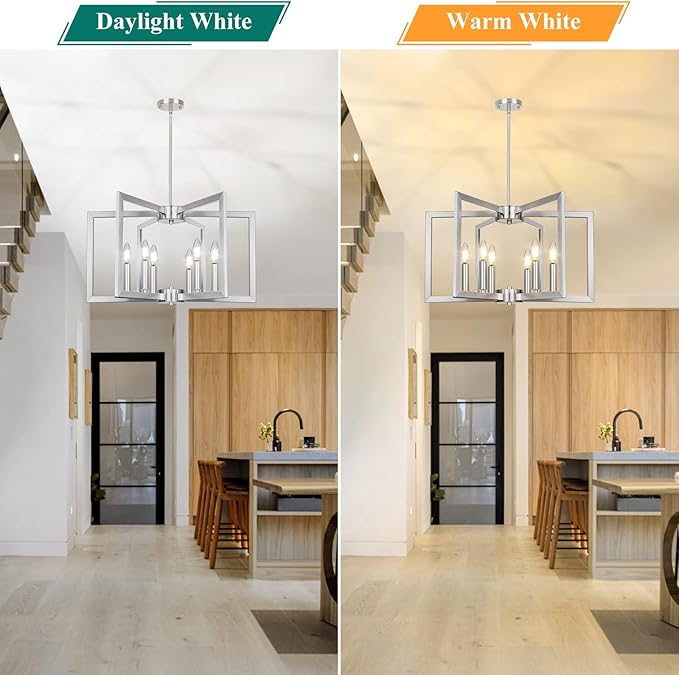6-Light Brushed Nickel Chandelier, Farmhouse Dining Room Light Fixture, Modern Chandelier, Geometric Industrial Metal Hang Lighting Fixture for Foyer Entryway Kitchen Over Table Hallway Living Room