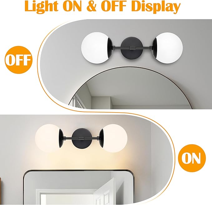 KoKo&Yukina Mid Century Modern Bathroom Matte Black Bathroom Vanity Light Fixtures Globe Sconce 2 Light Vanity Light Milky White Vanity Light Mid Century Wall Sconce