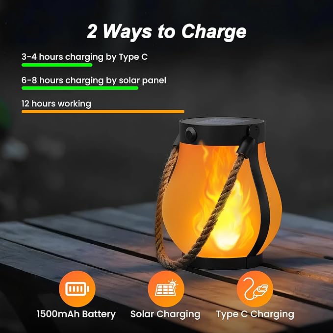 Hompavo Gen2 Solar Lanterns Outdoor with Ultra-Real Flame, Dual Charging (USB/Solar) & 2 Mode - Waterproof Decorative Hanging/Table Lights for Yard Patio Garden Birthday Mothers Day Gifts for Women, 4