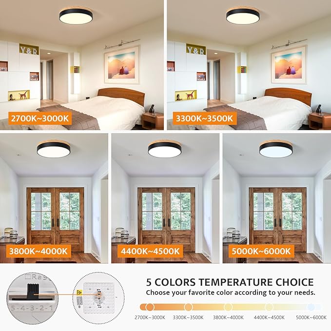 Yiisem Dimmable Wood LED Flush Mount Ceiling Light, 5CCT 2700K-6000K Modern Black Close to Ceiling Lighting Fixtures, Minimalist Round Ceiling Lamp for Bedroom, Kitchen, Hallway, Laundry Room