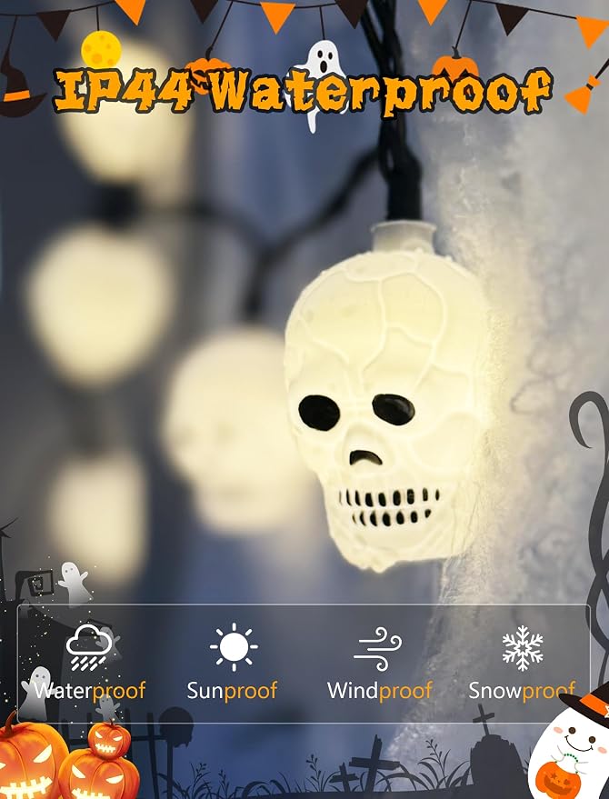 Halloween Skull String Lights - 8.5Ft Skeleton Decoration Halloween String Lights with 10 LED Mini Bulbs, Waterproof Skeleton Shape Lights for Indoor Outdoor Halloween Party Decor, Black Wire