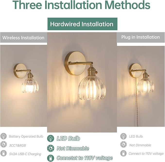 Shenmoyl Vintage Wall Sconces with Transparent Tulip Glass Lampshade 180 Degree Adjustable Brass Sconces Hradwired Modern Wall Lighting Fixture with Switch for Bedside Bedroom Doorway