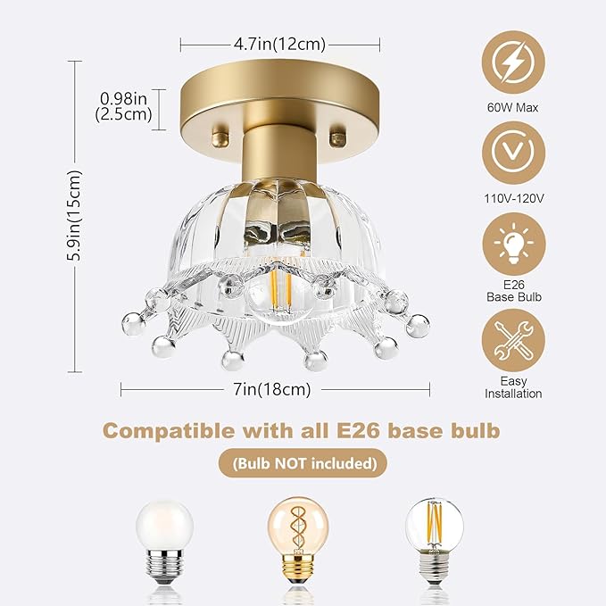 2 Pack Gold Modern Ceiling Light, Small Kitchen Light Fixtures, Glass Semi Flush Mount Ceiling Light for Hallway, Foyer, Entryway, Laundry Room (7 in)