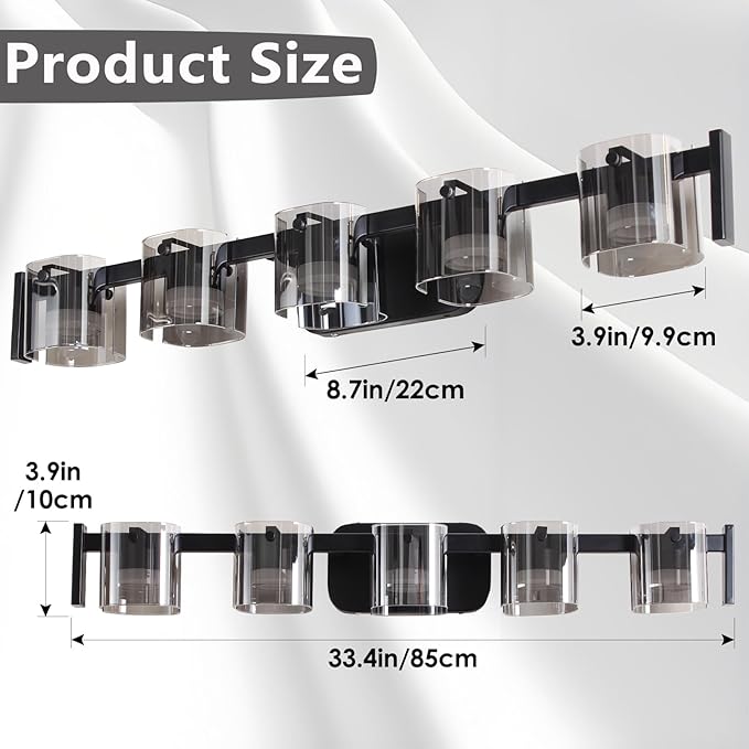 33.4" Modern Black Bathroom Vanity Light 5 Light Bathroom Light fixtures Cordless LED Vanity Light, 3000K/4000K/6000K Adjustable Wall Light with Smoke Gray Glass for Restroom,Bedroom,washroom