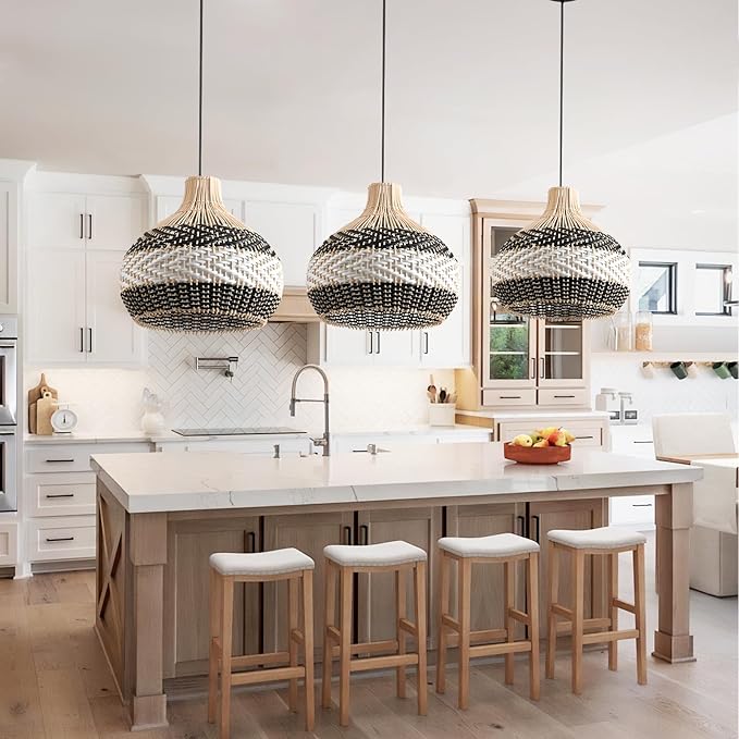 3-Light Rattan Pendant Light,1-Pack Hand-Woven Black White Faux Rattan Hanging Light 15" Boho Basket Wicker Chandelier for Living Room Bedroom Kitchen Dining Hallway