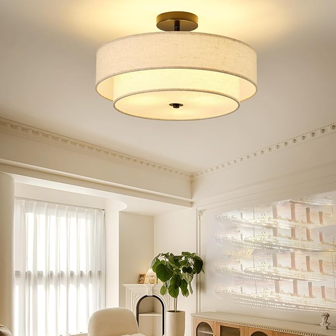 17.7" Close to Ceiling Light Fixtures, Black Semi Flush Mount Ceiling Light Fixtures with 2-Tier Drum Fabric Lamp Shade, Modern Ceiling Light Fixtures Flush Mount for Bedroom Hallway Nursery