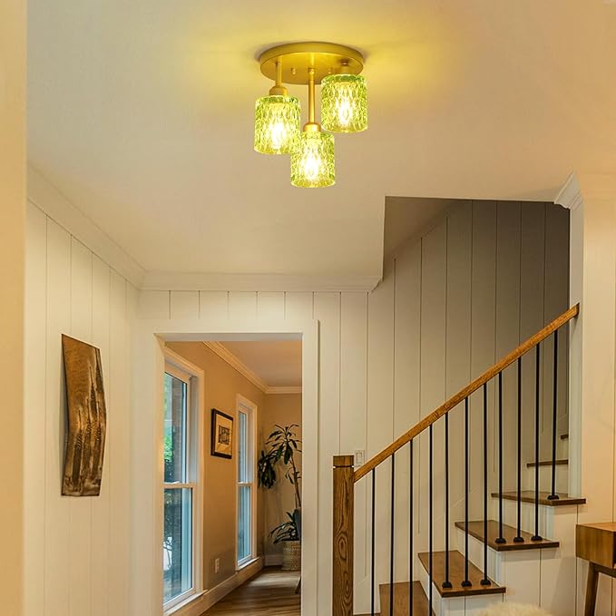 3-Light Semi Flush Mount Ceiling Light, Vintage Gold Kitchen Ceiling Light Fixture with Green Glass Shade, Mid Century Modern Close to Ceiling Lighting for Dining Room Hallway Entryway Bedroom