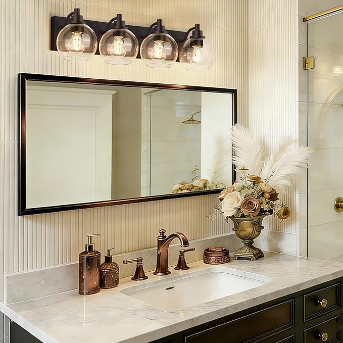 IZORRO Bathroom Light Fixtures, 4 Light Oil Rubbed Bronze Vanity Light, Modern Wall Sconces with Globe Clear Glass Shade, Vanity Lighting Fixtures Over Mirror,E26 Bulb Socket